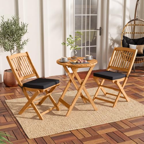 Image of Tangkula 3 Piece Patio Folding Bistro Set, Outdoor Acacia Wood Chair and Table Set w /Padded Cushion& Round Coffee Table, Ideal for Indoor Patio Poolside Garden (Black)
