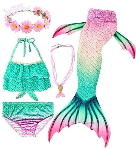 Conjunto de 5 Piezas Cola de Sirena para Nadar para niñas Traje de baño Sirena Incluyendo Coronas y Collares (HXGB02,150)