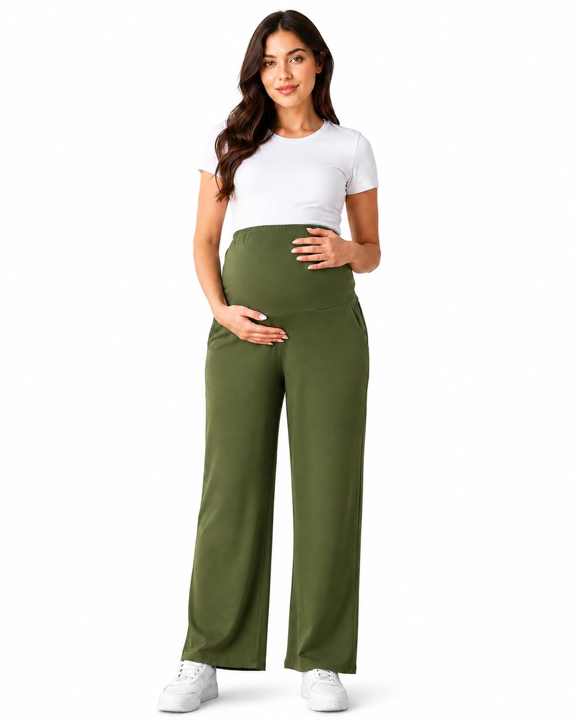 Women's Maternity Track Pants | Soft Cotton Pregnancy Pants with Over Belly Support | Stretchable Full Length Maternity Bottom Wear | Olive Green-image-30