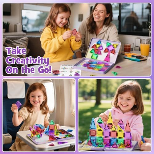 Image of 42-Piece Mini Magnetic Tiles Travel Set with Metal Storage Box - Portable STEM Building Blocks for Kids Ages 3-8, Montessori Educational Toys for Airplane & Car Rides, Gift for Boys & Girls