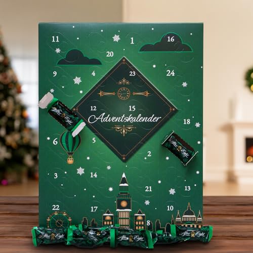Adventskalender 2025 mit Schokoladenfiguren mit Minzfüllung, London-Design, Winter Pralinés, Pralinen glutenfrei aus dunkler Schokolade, Weihnachtskalender für Minz-Liebhaber, 1er Pack (1 x 196g)
