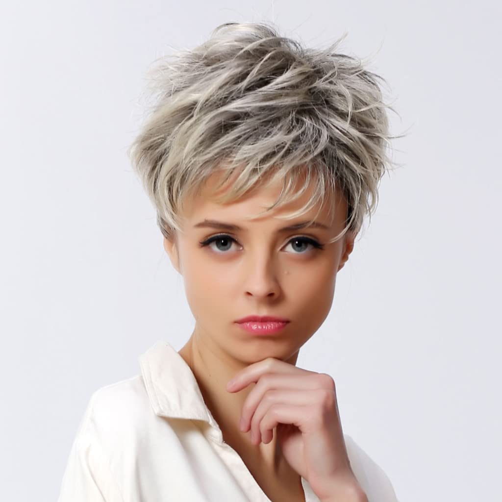 LIOONS Parrucca realistica Parrucca Corta da Donna alla Moda Parrucca Tagliata su Misura con Frangia Parrucca Sintetica per Capelli Lisci 10 In/25 Cm Uso Quotidiano per Feste Eleganza Naturale