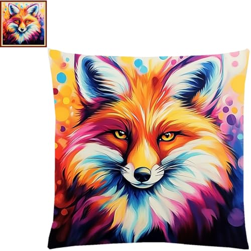 Image of Lovxvouy Pillow Cross Stitch Kits for Adults Beginners-Preprinted Needlepoint Kit Stamped Crossstitching Kits 11CT Cross-Stitch Kit Stitches Kit Embroidery Kits-Colorful Fox 18x18 inchs