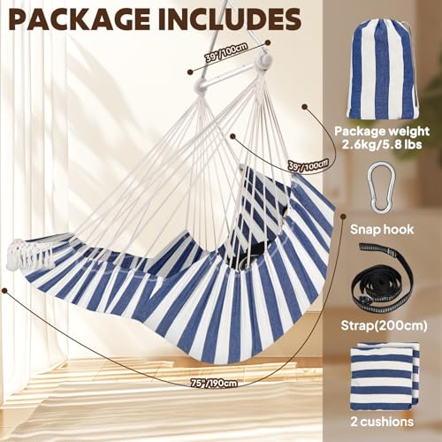 Image of Chihee Hammock Chair Hanging Chair with Foot Rest 2 Cushions Max 500lbs Robust Metal Spreader Bar Collapsible Easy Storage Soft Cotton Swing Chair Strong Strap Iron Carabiner Side Pocket Included