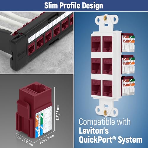 Image of Everest 90 Degree RJ45 Cat6A Keystone Jacks Slim Profile 20-Pack Red | Compatible with 90 Angled Speed Termination Tool - easyJACK (B094WB91H3)