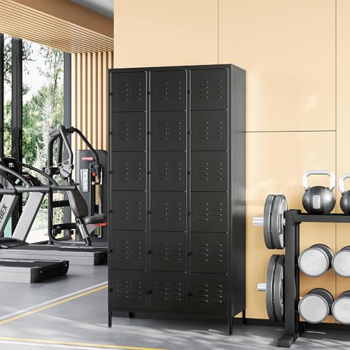 Image of Metal Locker with 18 Doors Employees Locker, Metal Storage Locker with Hooks, 72 inch Storage Cabinet Lockers for Employees, Home, Office, Gym Requires Assembly (18 Doors, Black)