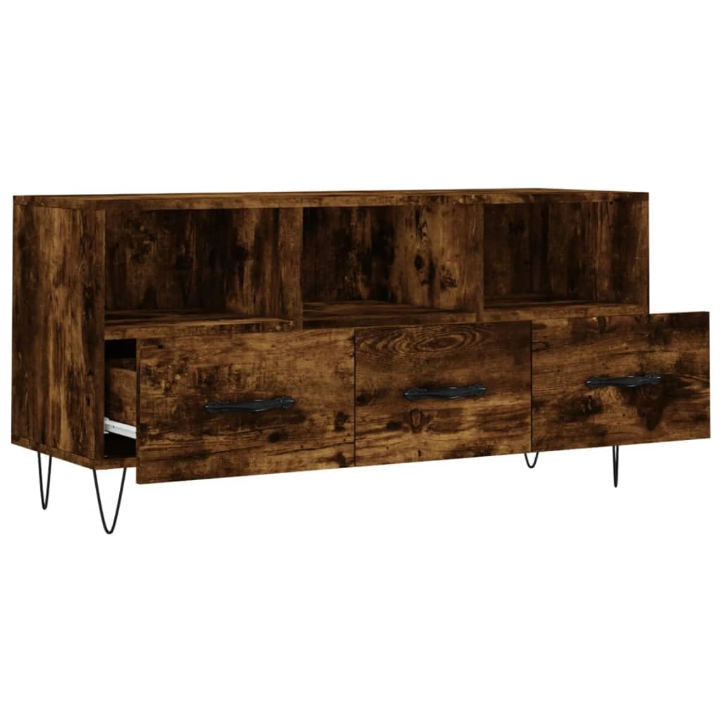 Szafka pod telewizor dąb wędzony 102 x 36 x 50 cm, materiał drewnopochodny, wytrzymała szafka na media z 3 półkami i 3 szufladami, nowoczesne centrum rozrywki do salonu, sypialni, żelazne nogi