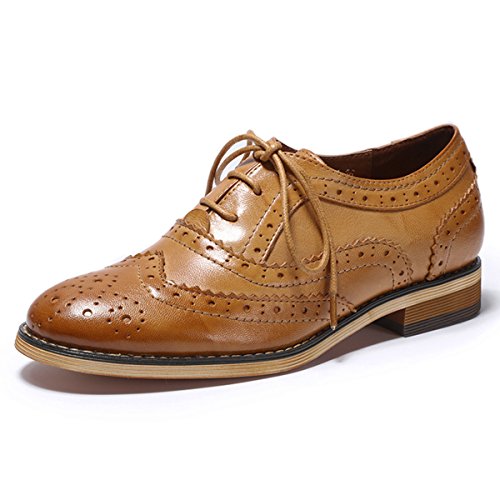 Mona Flying Women's Leather Perforated Lace-Up Saddle Oxfords Brogue Wingtip Derby Shoes #TOP9