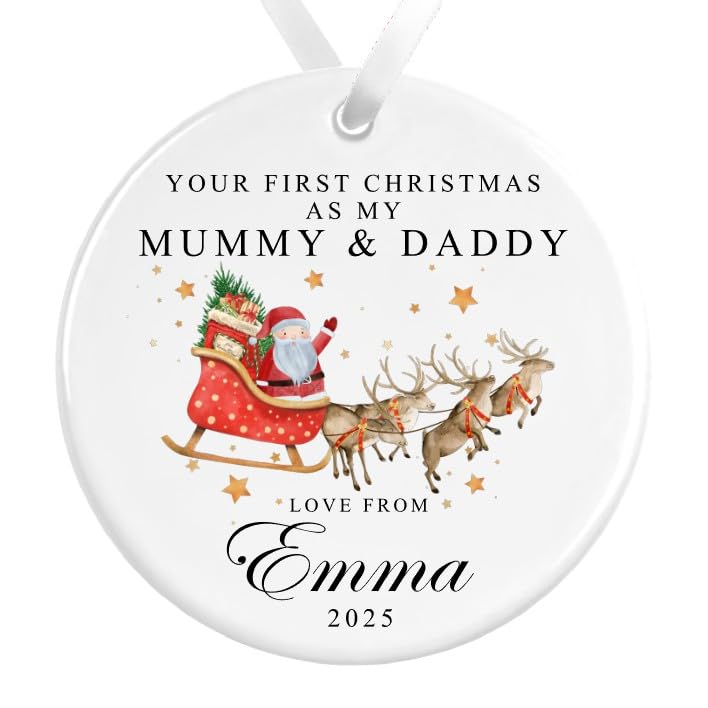 First Christmas as my Mummy & Daddy Bauble | Santa Sleigh Reindeers Ceramic Decoration | Personalised Baby First Christmas Custom Ornament (White Ribbon)