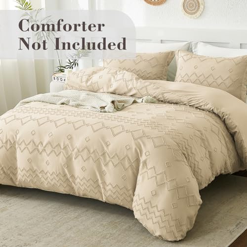 Image of EMME Boho Duvet Cover Set - Tufted Comforter Set with Boho Embroidery, All-Season Bedding for Twin, 1 Duvet + 1 Pillowcase (Beige)