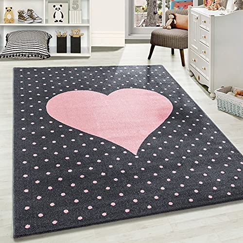 Kinderteppich, liebevolles Herzmuster, Rechteckig, Pink und Grau Farbe, Pflegeleicht, für Kinderzimmer, Spielzimmer, Babyzimmer, Größe:160 x 230 cm Cover