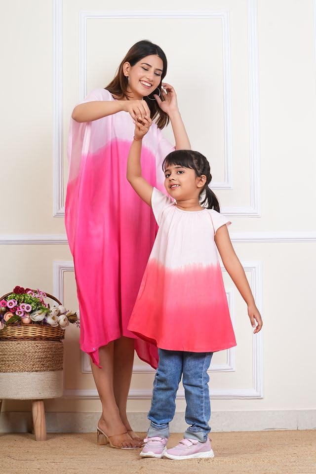 Image of Maaesa Women & Girls Mother Daughter Matching Kaftan Combo || Crepe Rayon Tie-Dyed Kaftan || Casual Wear || Family Twinning Outfit