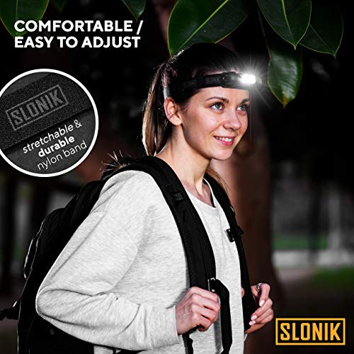 SLONIK 1000 Lumen Rechargeable 2x CREE LED Headlamp w/ 2200 mAh Battery - Lightweight, Durable, Waterproof and Dustproof Headlight - Xtreme Bright 600 ft Beam - Camping and Hiking Gear