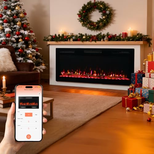 HOMAVO 50' Chimenea Eléctrica con Calefacción, 1000W/2000W Chimenea Decorativa, 12 Colores de Llama 3D, 12 Colores de Fuego de Madera, Control Remoto & App, Incluido Mueble Chimenea