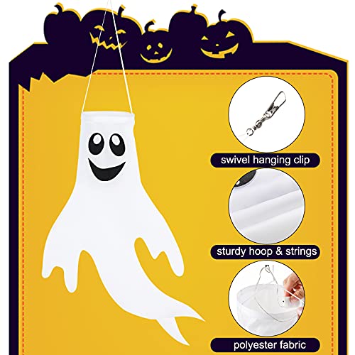 Tegeme 4 Pieces Halloween Ghost Windsocks Decoration Hanging Windsocks Flag with Led Light Halloween Outdoor Decor for Yard Patio Lawn Porch Garden Trees Party Supplies