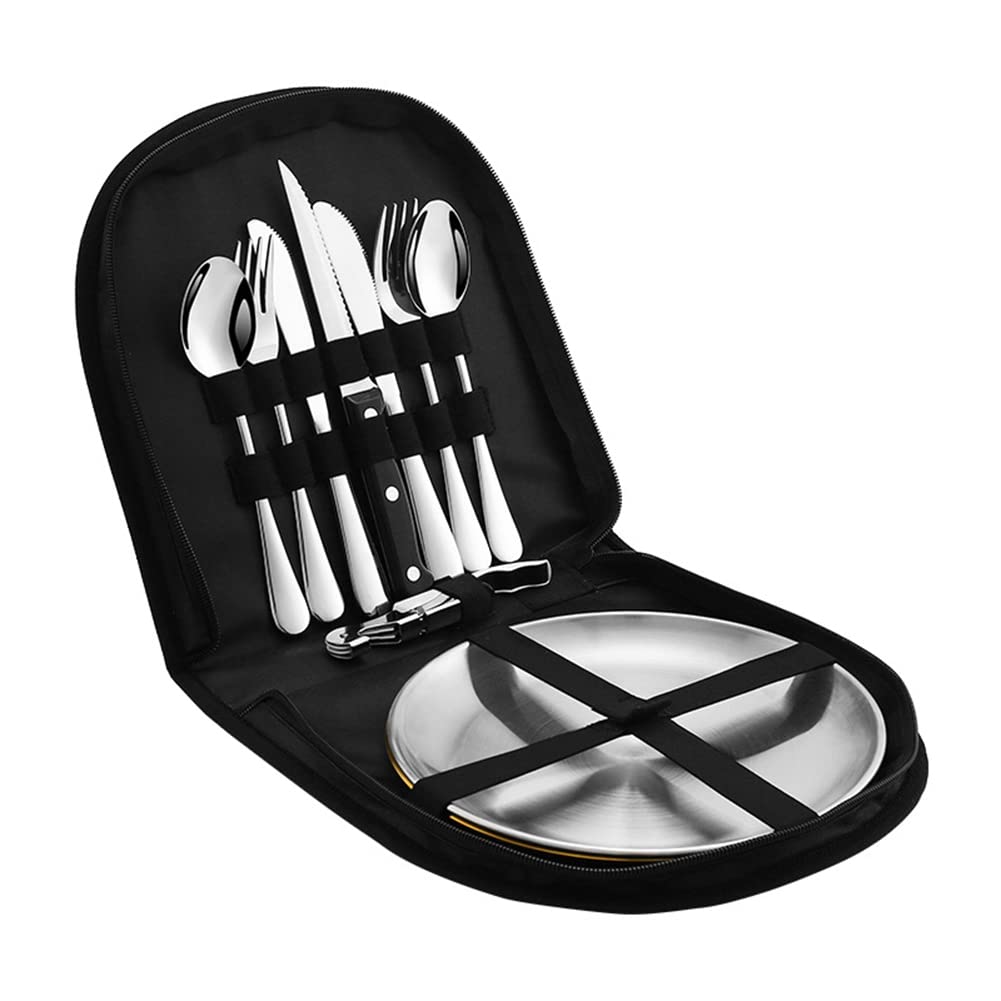 issdem Metal Camping Utensil Set, Camping Silverware Set for 2, Reusable Travel Cutlery with Case Include Knife Fork Spoon Dish and Beer Cap Opener