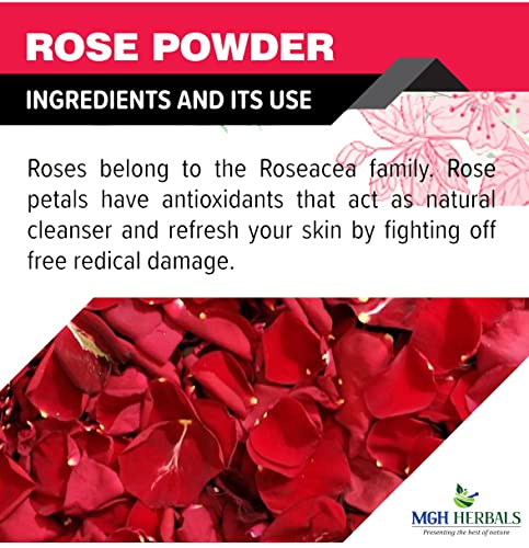Image of MGH Herbals Organic Rose Petal Powder - 100g | Rosa indica for Facial & Skin Care| 100% Pure & Natural Rose Powder for Tanning & Glowing Skin
