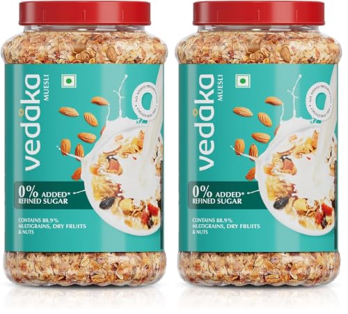 Image of Amazon Brand - Vedaka Muesli | 1 Kg Jar | Contains 88.9% Dry Fruits, Nuts and Multgrains | No Added Refined Sugar | High in Fiber | No Added Preservatives | Quick Breakfast (Pack of 2)