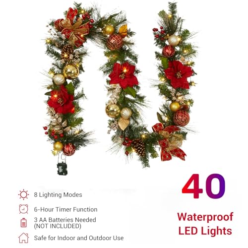 GarveeHome Prelit Christmas Garland for Mantle, 9 Ft Battery Operated Xmas Garland with Lights Red Gold Ball Ornaments Poinsettia Flower for Fireplace Front Door Stairs Railing Indoor Outdoor Decor
