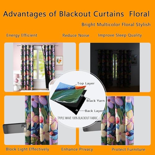 Image of BFAM Floral Print 100% Blackout Curtain with Black Linning at Back,Lavender Purple Floral Print Curtains for Living Room /Bedroom Thermal Insulated Energey Saving 11 Feet Pack of 1 Curtain