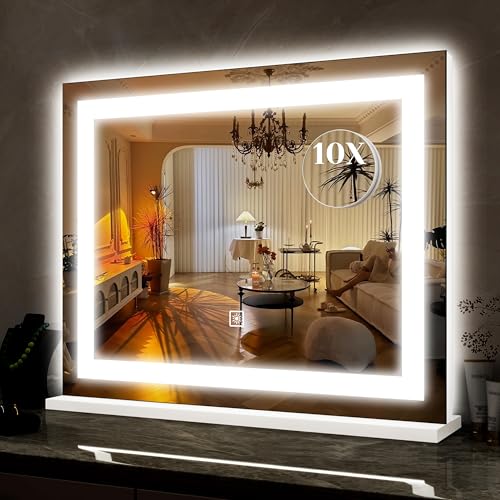 Image of ROLOVE 22x19 Inch Lighted Vanity Mirror, Large LED Makeup Mirror with 3 Color Modes, Dimmable Touch Control, Wall Mount & Tabletop, with Detachable 10X Magnification Mirror, White