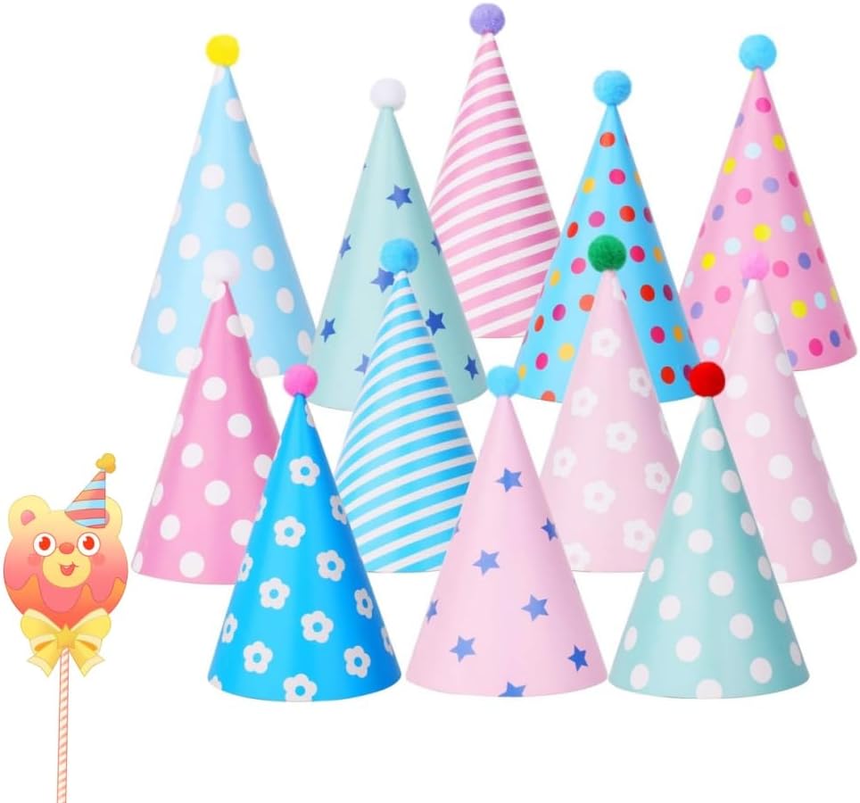 12 Pcs Party Hats Birthday Party Cone Hats with Pom Poms,Lovely Birthday Kids Cake Cone Birthday Paper Party Hats Party Headbands Decoration DIY Birthday Activity Kit