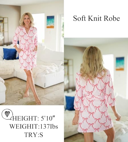 Image of Ekouaer Women's Robes Lightweight 3 /4 Sleeve Short Knit Bathrobe Soft Knee Length Sleepwear Robes with Pockets S-XXL
