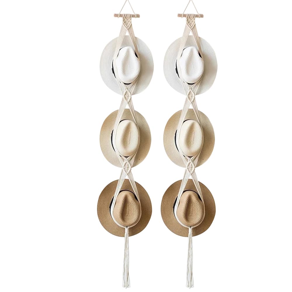 Paquete de 2 perchas para sombreros de macramé, soporte de cuerda de algodón para sombreros, soporte para gorras, perchas para puertas para sombreros de ala ancha, bufandas, bolsos, toallas