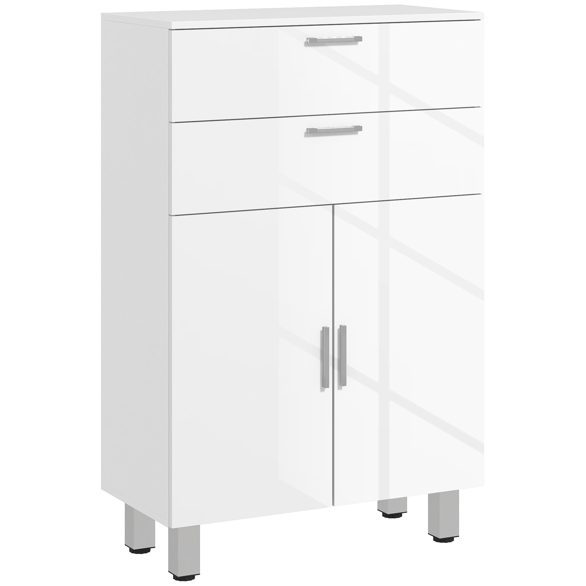 kleankin Mueble Auxiliar Baño Moderno Mueble de Baño con Estantes Ajustables y 2 Cajones Armario Mueble de Almacenaje para Dormitorio Salón Antivuelco Carga 35 kg 60x30x93 cm Blanco Brillante