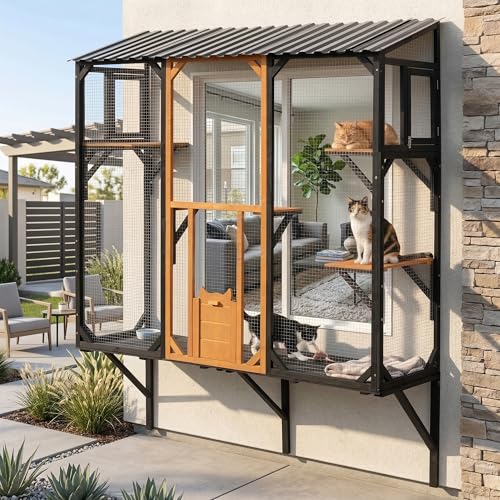 Merax Cat Window Catio for 1-3 Indoor Cats 67 Large Window Cat Box with Metal Mesh Outdoor Cat Enclosure with 4 Platforms & 2 Doors Wall-Mounted Cat Catio for Sunbathing Play & Climbing Black