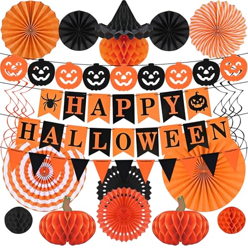 Bannière Halloween papier pour salon et boules alvéolées de plafond pour goûter