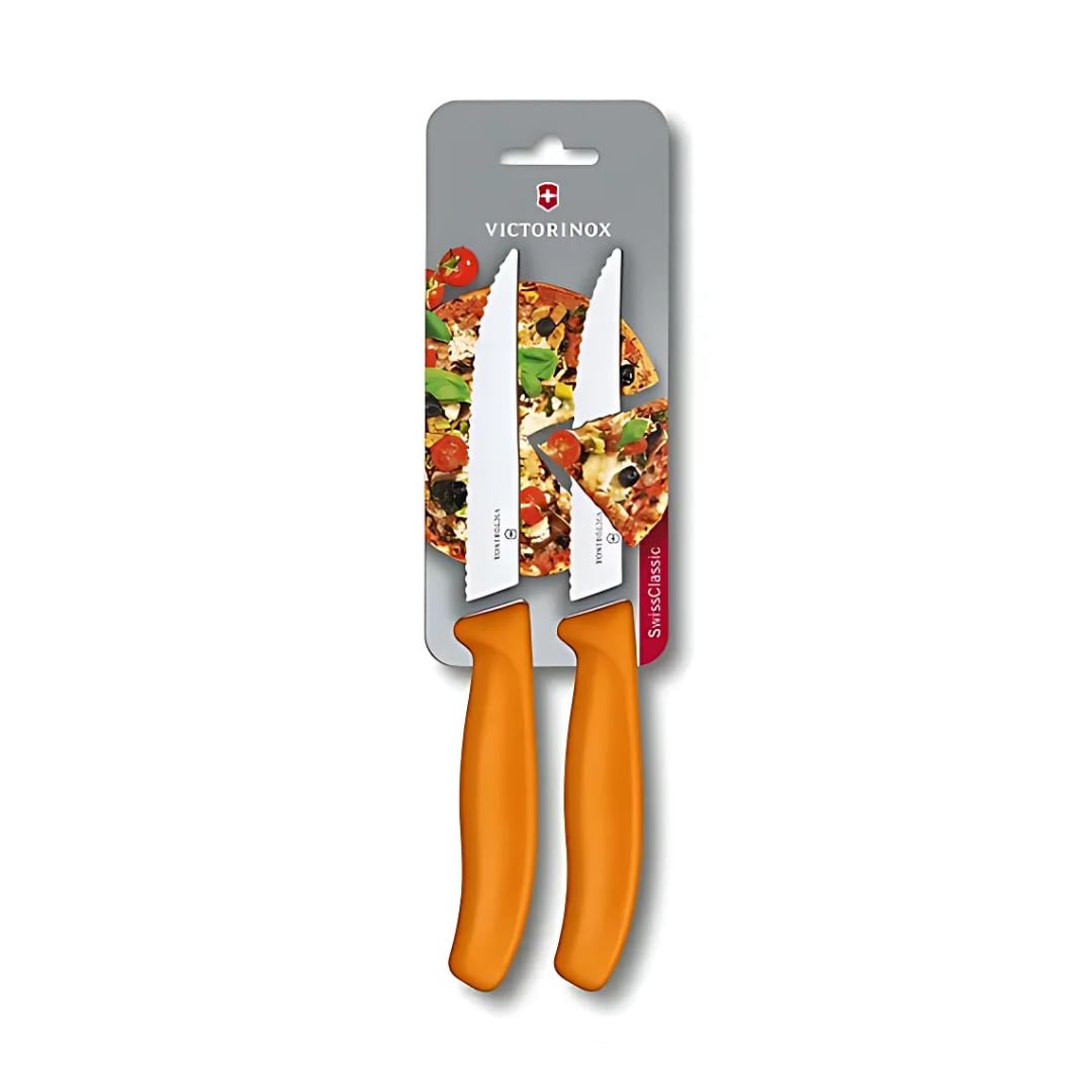 Victorinox Swiss Classic, Steak and Pizza Knife, Extra Sharp Blade, Wavy Edge, 12 cm, Stainless Steel, Orange