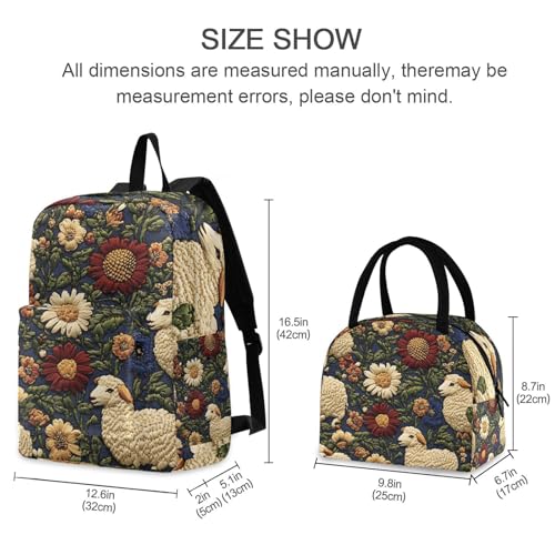 Backpack Lunch Box Set Large Capacity Travel Backpacks and Insulated Lunch Bag for Commute Hiking Picnic Sheep Embroidery Print2