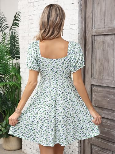 Image of Missufe Women's Puff Short Sleeve Drawstring Ruched Front Fit and Flare Floral Summer Casual Short Dress