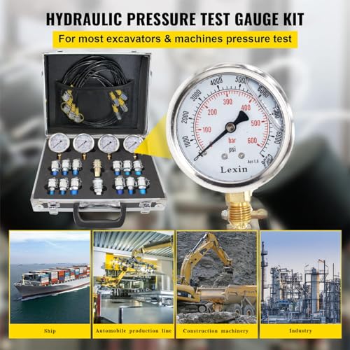 Image of LX Hydraulic Pressure Test Kit, 100 /250 /400 /600bar, 1500 /4000 /6000 /9000PSI, 4 Gauges 14 Test Couplings 4 Test Hoses, Hydraulic Gauge Kit with Aluminium Carrying Case for Excavator