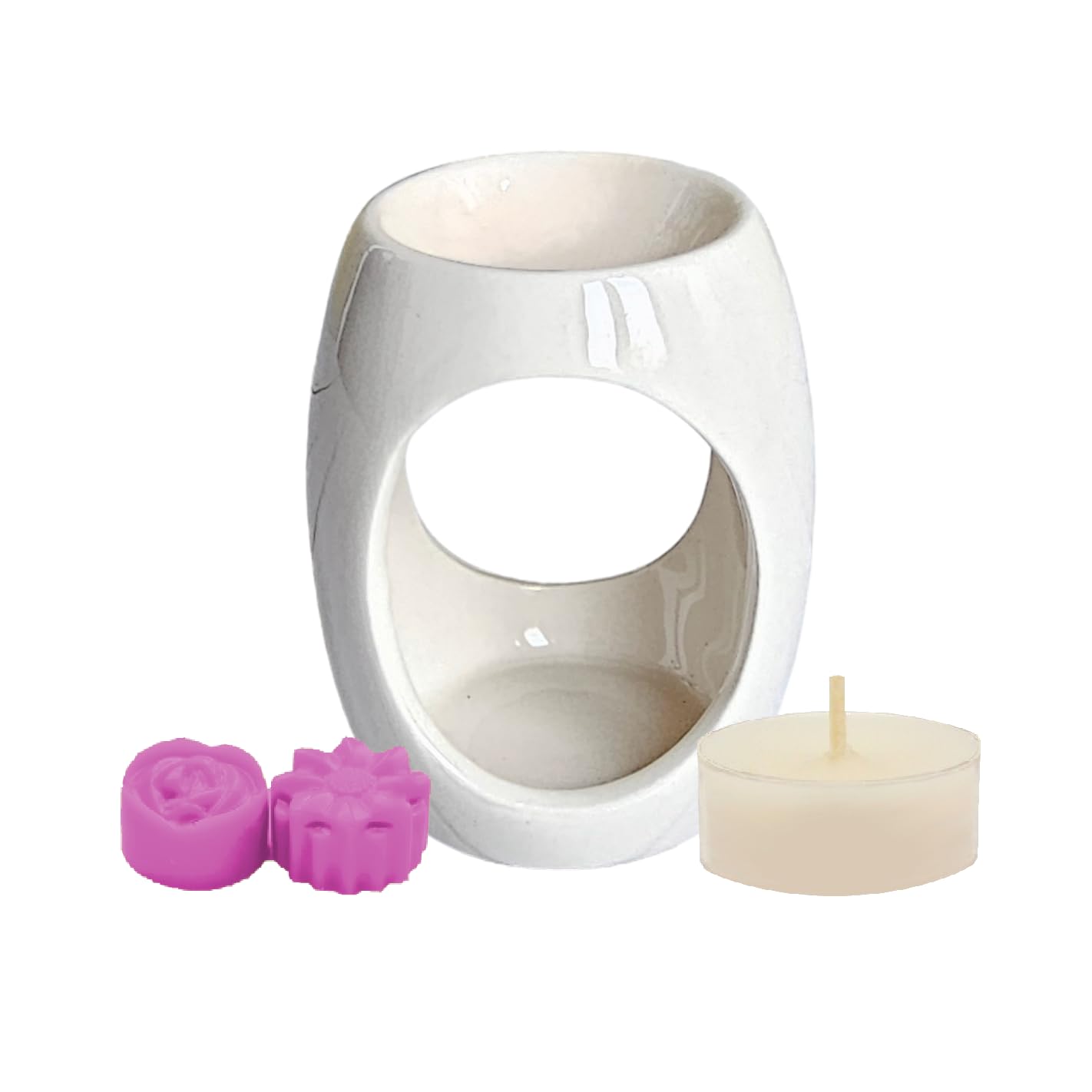 Cream/White Oval Cutout Ceramic Oil Burner Wax Melter Starter Gift Set with Two Assorted Highly Scented Soy Wax Melts and One Unscented Soy Wax Tealight Candle