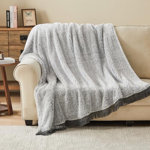 Image of EMME Soft Sherpa Fleece Blanket with Tassel, Reversible Plush Fluffy Large Blanket, Light Weight Warm Decorative Boho Blanket Cover for Sofa, Couch, Bedroom,Travel(Tassel Grey,50 inchx60 inch)