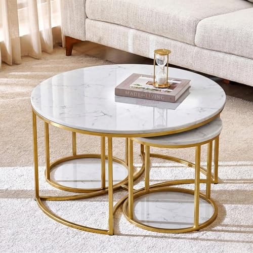 Image of Round Coffee Table Set of 3, Marble Laminated Accent Center Table with Sturdy Metal Base | Modern Foldable Nesting Stacking Tables for Living Room, Bedroom, or Apartments (Golden-White)