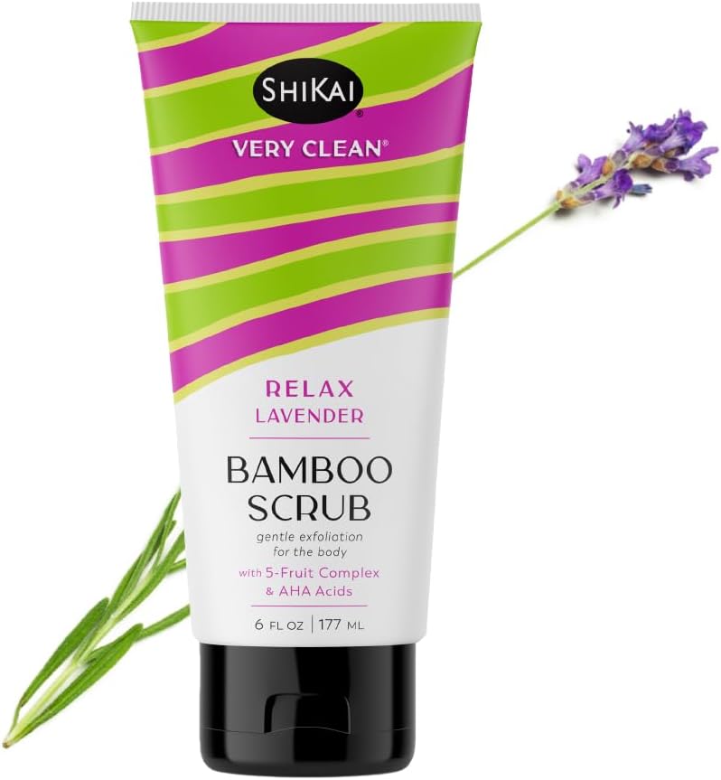 ShiKai Very Clean Bamboo Body Scrub (Relax Lavender, 6 oz) | Gentle Hydrating & Exfoliating Skin Cleanser | With 5 Fruit Complex & AHA Acids