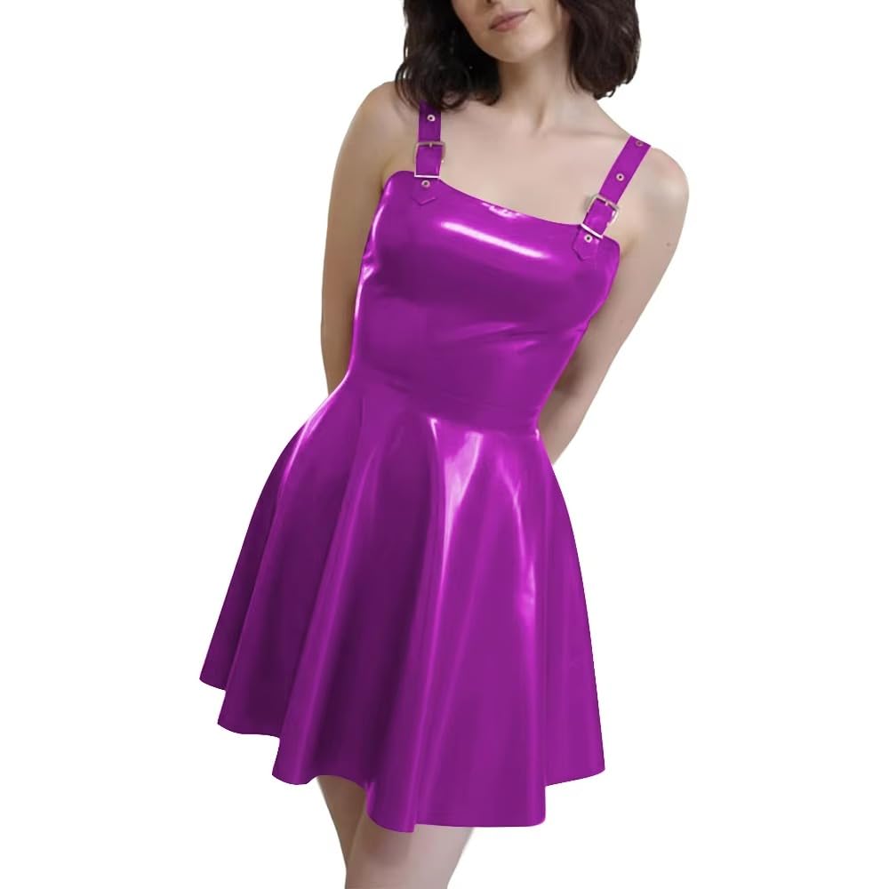 Mini Robe Gothique Punk avec Bretelles Robe Courte plissée Party Club Robe en Cuir PVC