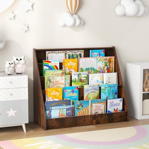 Image of HONEY JOY Kids Bookshelf, 5-Tier Wooden Toddler Bookcase, Children Book Rack & Magazine Display Shelf, Toy Storage Organizer, Book Shelf for Kids Rooms, Playroom, Nursery, Classroom (Rustic Brown)
