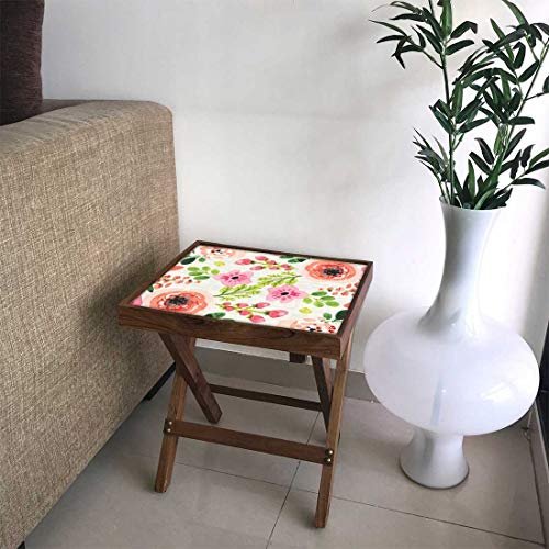 Image of Nutcase Designer Teak Wood Side Table Folding Wooden Bedside Coffee Outdoor Picnic Table - Cute Pink Floral