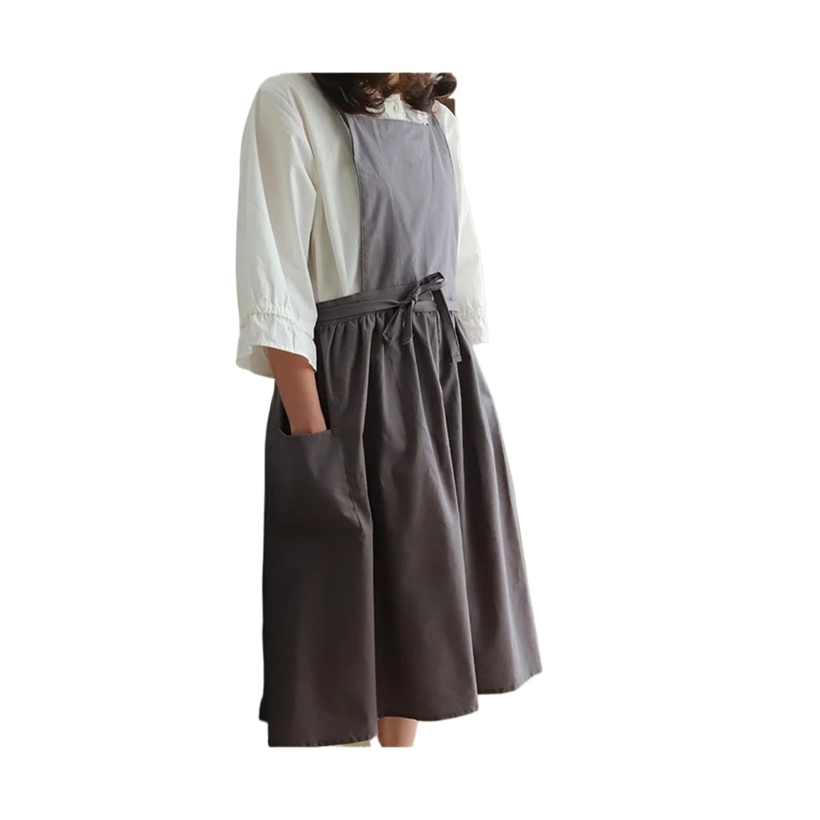 Tela Grembiuli Grembiule da cucina donna lungo in cotone pieghettato con tasca for cucinare e cuocere al forno, abito incrociato sul retro, for salone di bellezza, negozio unghie