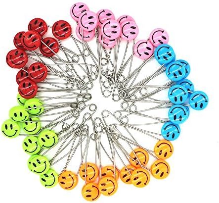 GTONEE Safety Pins Locking Baby Cloth Diaper Nappy Pins Stainless Steel, Size L, 2.1 inch Cute Smile Face Colorful 50 PCS