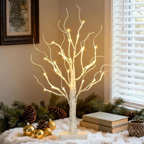 PABIPABI Lighted Birch Tree, 22'' Christmas Tree with 24 LED, Tabletop Centerpiece Artificial Tree Lights Battery Powered Timer for Home Office Bedroom Wedding