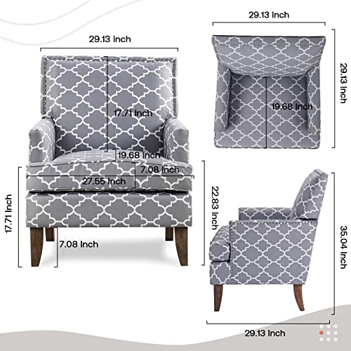 Kuvenqiw Modern Accent Chairs,Nailhead Trim Club Chair，Linen Fabric Sofa Chair，Upholstered Button Tufted Armchair，Reading Chair (Grey Pattern) #TOP1