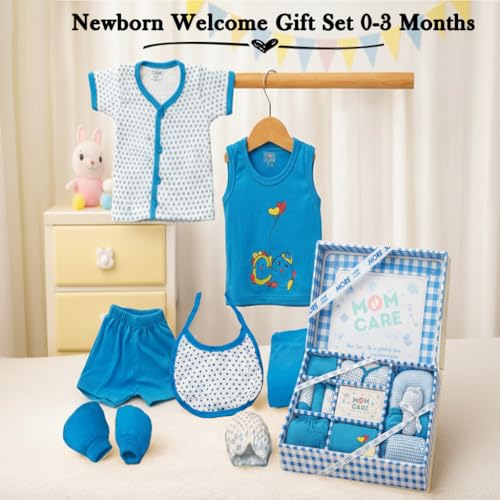Image of MOM CARE Newborn Baby Gift Set (11 Pieces) | 100% Cotton Baby Clothing Set | 0-3 Months | Baby Shower & Welcome Gift Box Light Blue