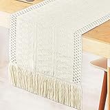 FCDECOR Macrame Table Runner Farmhouse Style, Cream Beige Boho Table Runner with Tassels Modern Home...