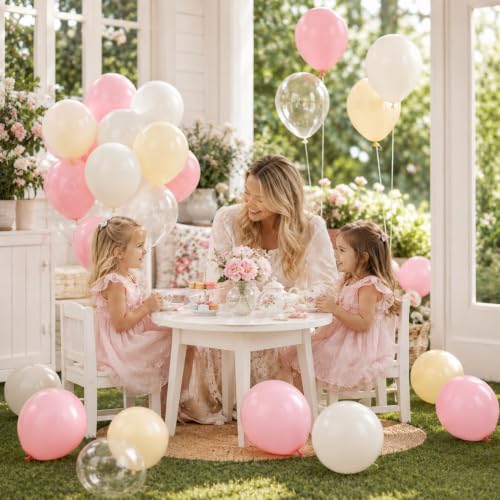 Image of Pink and Yellow Balloons, 12 Inch Pastel Balloon for Bridal Baby Shower | Baby Light Pink Yellow Ivory Clear Transparent Balloons Helium Latex Balloon for Wedding Anniversary Bee Bear Themed Party