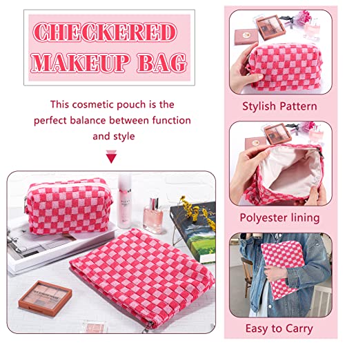 ZLFSRQ 2Pcs Makeup Bag Checkered Cosmetic Bag Set Travel Toiletry Bags for Purse Large Small Makeup Pouch for Women Cute Preppy Pencil Pouch Case Pink Zipper Skincare Bags - Image 7